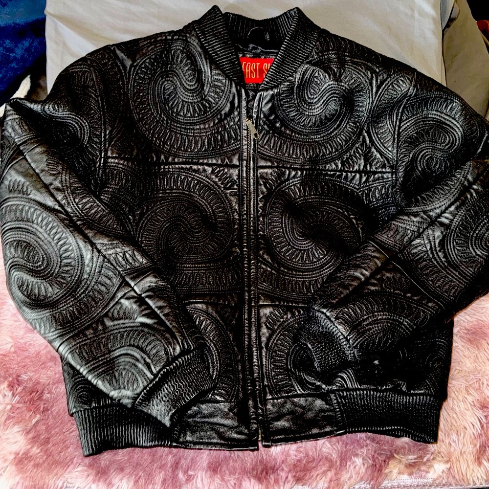 Genuine black leather bomber jacket